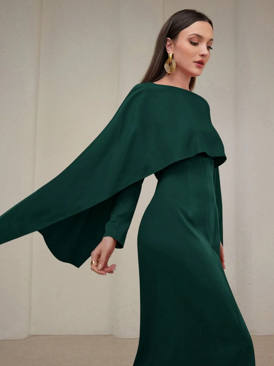 Modelyn 女士纯色圆领拼布阿巴雅长裙，优雅阿拉伯设计长款晚礼服，端庄