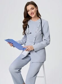 Scrubzie 2 Pieces Set Contrast Color Multi-Pocket Anti-Wrinkle Long Sleeve Blouse & Pants Women's Scrub Uniform - Baby Blue - View 5