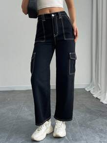 SHEIN PETITE Women's Front Button Pocket Simple Design Casual Denim Jeans, Everyday Wear - Black - View 5