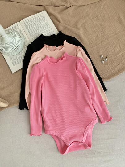 SHEIN LMoss Kids LMoss 3 件套新生女婴秋冬可爱针织弹力纯色按扣裆连体衣套装