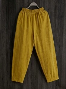 Zayélia Women Elastic Waist Solid Color Cone-Shaped Loose Casual Trousers With Pockets - Yellow - View 2