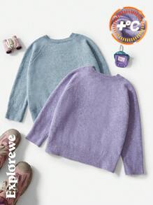 SHEIN 2 Pieces Tween Girls Embroidered Crew Neck Long Sleeve Sweater, Fleece Pullover For Autumn/Winter, Buy 1 Get 1 Free, Suitable For Outdoor, City Trips, Daily Wear, School, Parties & Other Occasions