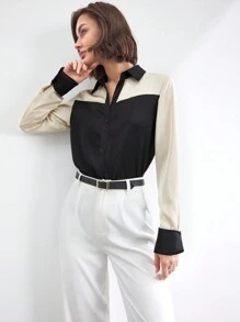 BizChic 女士缎面撞色办公室衬衫，优雅通勤工作服，适合新年、约会、春夏季 - 黑色 - 查看 7