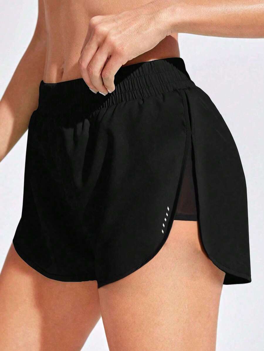 SHEIN Sports 高腰宽松防擦伤跑步短裤，健身性感收腹瑜伽短裤女士运动短裤，健身短裤，骑行短裤 - 黑色 - 查看 1