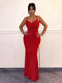 SHEIN SXY Váy dài hở lưng màu đỏ thanh lịch cho nữ có dây đeo mảnh - Đỏ - Xem 6
