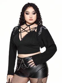 ROMWE Plus Size Gothic Snake Moon Embroidered Cardigan, Versatile Casual Loose Fit Shawl Collar Open Front Sweater - Black - View 5