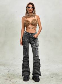 ROMWE Grunge Punk Wasteland Punk Style Multi-Pocket Distressed Washed-Effect Women Kpop Grey Versatile Flare Leg Jeans - Grey - View 7