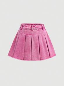 SHEIN Girlism Minifalda de mezclilla plisada con dobladillo deshilachado y lavado sólido, estilo Y2K, para niñas adolescentes. Ropa de otoño para niñas, atuendos de regreso a la escuela, vestimenta urbana