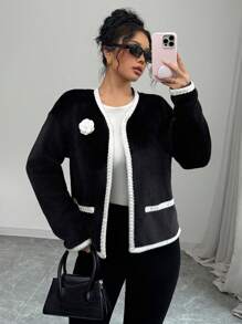 Elenzga Chaqueta elegante de mujer con cuello en V y apliques florales