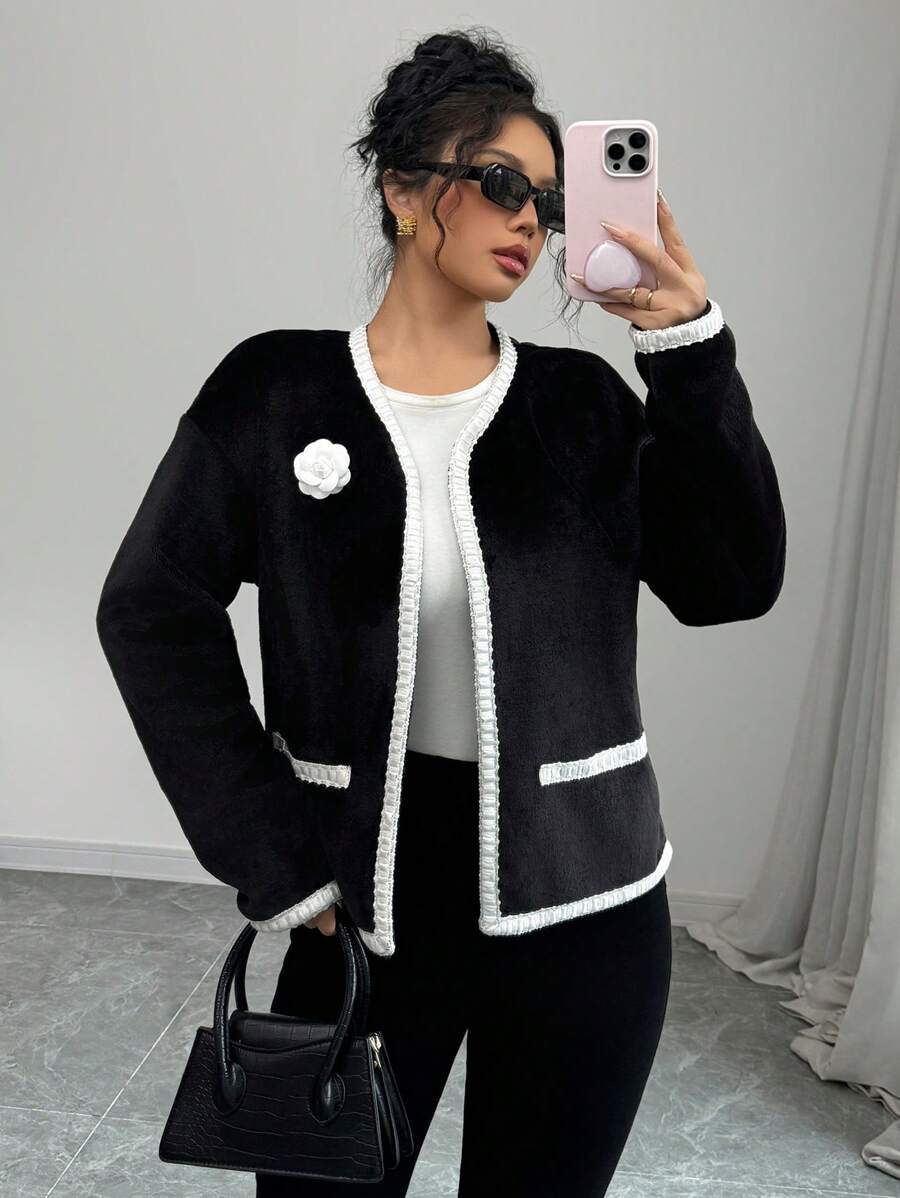 Elenzga Chaqueta elegante de mujer con cuello en V y apliques florales