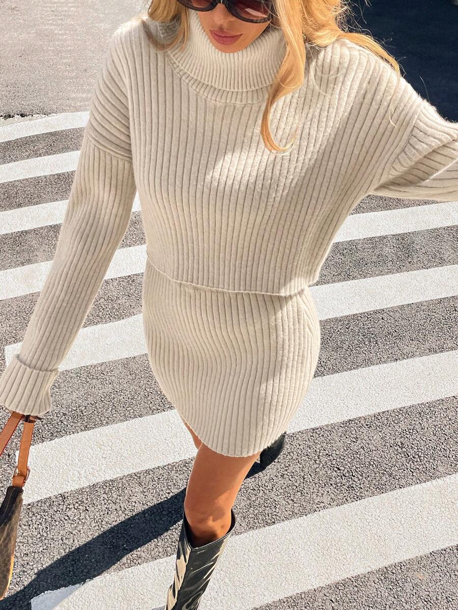 SHEIN Essnce 2pcs Set: Knit Turtleneck Loose Sweater And Tight Fitting Midi Skirt - Khaki - View 1