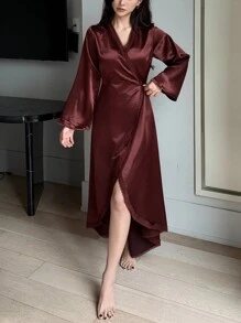DAZY Satin Patchwork Semi-Sheer Lace Alluring Open Back Cinched Waist Robe Pajama - Burgundy - View 7