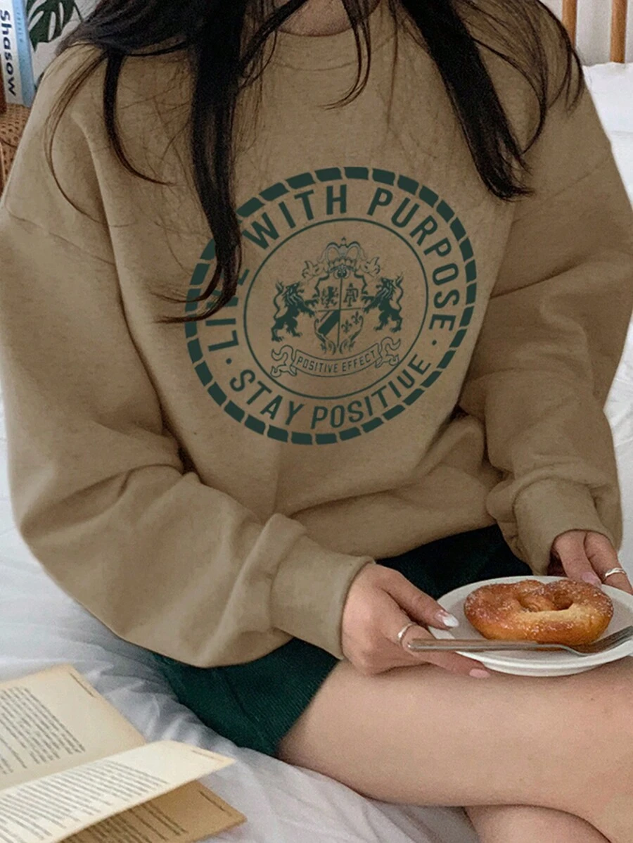 DAZY Áo nỉ in chữ thường ngày cho nữ mùa thu/đông - Lạc đà - Xem 1