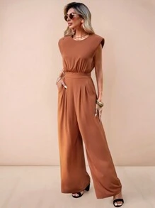 SHEIN Clasi Solid Slant Pocket Wide Leg Jumpsuit - Brown - View 4