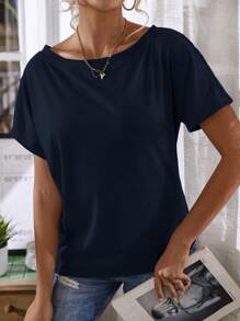 EMERY ROSE Damen Einfarbige Bluse mit schräg geschulterten kurzen Ärmeln, einfacher Lässig-Stil