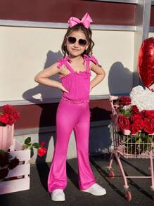 2pcs/Set Young Girl's Plain Crepe Fabric Bowknot Camisole Top And Flare Leg Pants, Elegant Fashion Design Suitable For Outing, School And All Seasons - Hot Pink - View 5