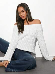 SHEIN Unity 1pc Women's White Off Shoulder Textured Knit Fitted Flare Sleeve Sweater, Casual & Stylish For Autumn/Winter Knit Pullover Fall Sweater - White - View 3