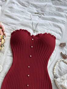 Soleia 性感舒适合身纽扣荷叶边下摆针织连衣裙 - 紅色 - 查看 6