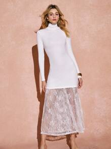 Poéselle Women's Lace Patchwork Stand Collar Long Sleeve Casual Long Dress - White - View 4