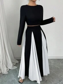 INAWLY Plus Size Elegant Solid Cropped Top And Contrasting Patchwork Skirt 2Pcs Set, Autumn Spring Clothes - Black - View 7