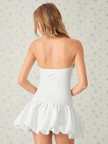 SHEIN EZwear 优雅甜美蝴蝶结装饰迷你抹胸连衣裙 - 黑與白 - 查看 2