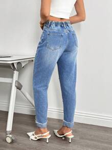 SHEIN Essnce 女式口袋仿珍珠装饰直筒宽松休闲百搭牛仔裤 - 藍色 - 查看 2