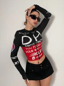 SHEIN DivaQ Top corto de manga larga con cremallera y gráfico de carreras, para salir de noche - Negro - Ver 4