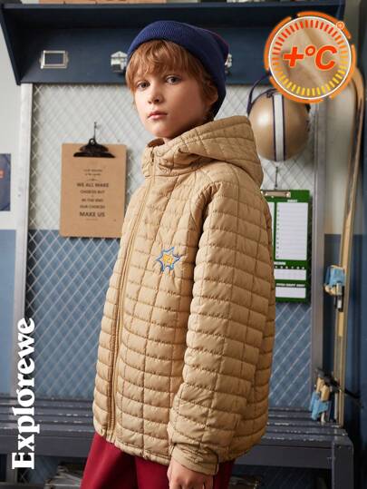 SHEIN 1pc Tween Boys Padded Coat, Urban Casual Style Quilted Hooded, Long Sleeve City Text Embroidered Pattern, Suitable For Autumn/Winter Outdoor, Casual, School, Gathering And Other Occasions