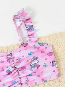 SHEIN Young Girls Cute Cartoon Unicorn Print Ruffle Trim Bikini Set With Beach Skirt Summer Beach, - Multicolor - View 4