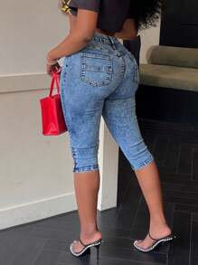 Solid Color Stretchy Sexy Skinny Capris With Button Split Hem - Rửa trung bình - Xem 2