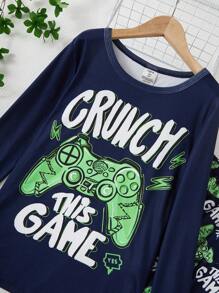 SHEIN Teen Boys' Snug Fit Video Game Graphic Print Long Sleeve Pajamas Set
