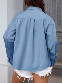 SHEIN EZwear Women's Front Button Long Sleeve Pocket Casual Denim Jacket - Blue - View 2