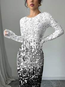 SHEIN Clasi Women's Silver-Gray Ombre Sequin Printed Round Neck Long Sleeve Mid-Length Fitted Dress Holiday Party Women Outfit Chic Dress
