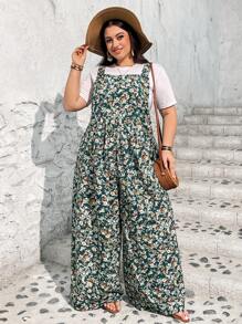 SHEIN CURVE+ Women's Plus Size Floral Print Jumpsuit, Vacation, Casual Boho Vacation