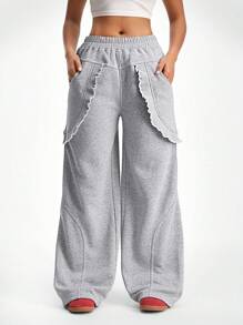 SHEIN EZwear Women's Streetwear Going Out Ruffle Baggy Straight Pants - Light Grey - View 1