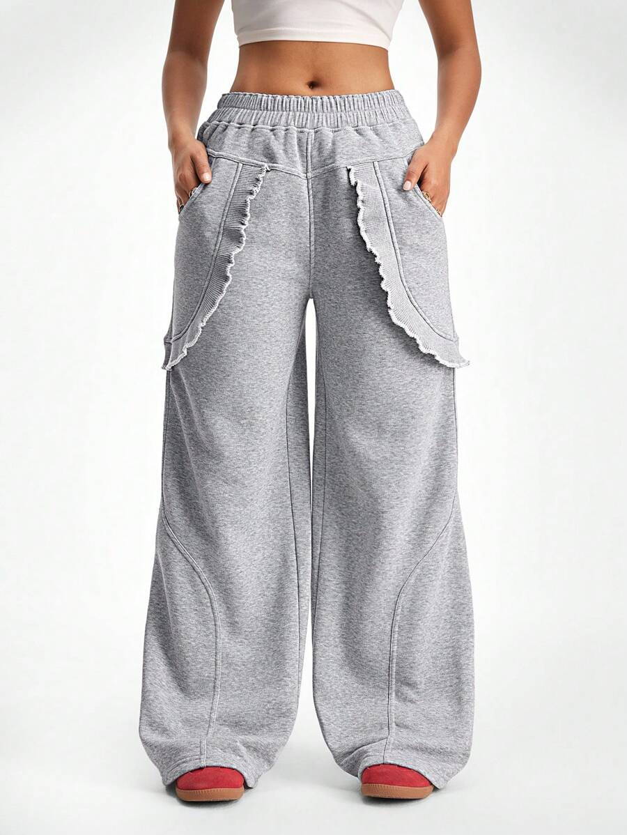 SHEIN EZwear Women's Streetwear Going Out Ruffle Baggy Straight Pants - Light Grey - View 1