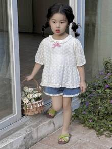 DAZY Young Girl Round Neck Short Sleeve Casual Shirt With Bow Decor,Girls Summer Outfits