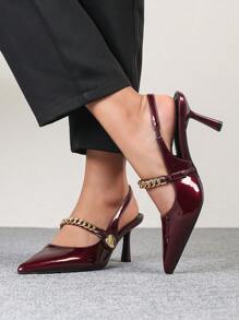 CUCCOO BIZCHIC Pointed Toe High Heel Women's Shoes, Elegant High-Quality Burgundy Single Strap Heels With Gold Chain Detail, For Commuting And Daily Wear New Year Holiday