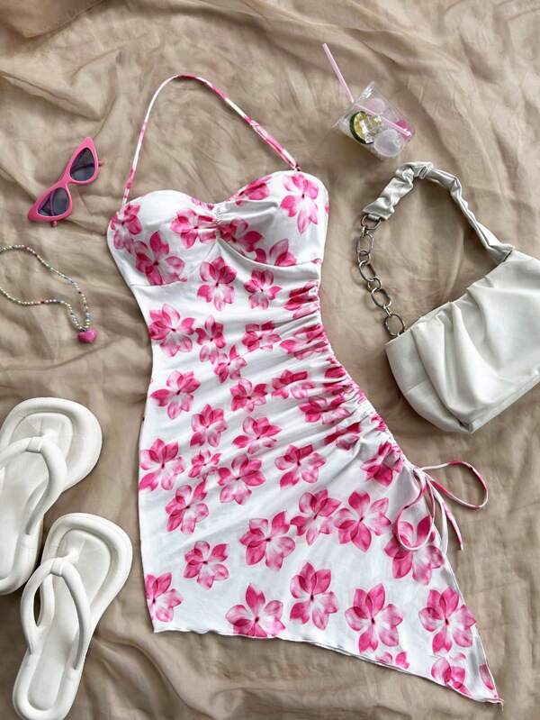 SHEIN Rochie midi drăguță, pentru fete preadolescente, primăvară-vară, Ziua Îndrăgostiților ~ Fată curată, drăguță, cu imprimeu floral, tiv asimetric, halter în față, croială strânsă, stil de vacanță, cu funde, sărbătoare, elegantă, roz-alb/ vintage