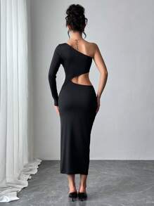 Calvaya Women's Solid Black Asymmetrical Floral Dress