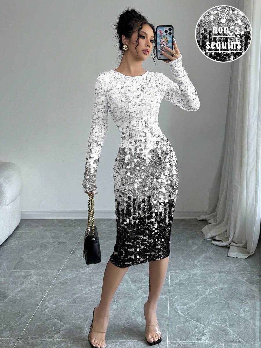 SHEIN Clasi Women's Silver-Gray Ombre Sequin Printed Round Neck Long Sleeve Mid-Length Fitted Dress Holiday Party Women Outfit Chic Dress