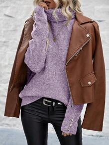 SHEIN Clasi 女士纯色高领落肩长袖休闲套头毛衣，秋冬针织套头衫 - 淡紫色 - 查看 5