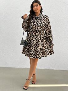SHEIN Frenchy Vestido casual de manga larga con estampado de leopardo talla grande, minimalista y elegante para uso diario