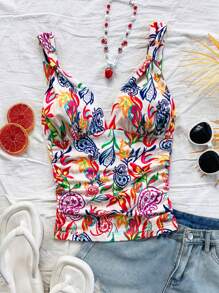 Soleia 1 件女士彩色佩斯利印花褶饰短款吊带背心，适合度假、新年、女士上衣、短款上衣、新年上衣、西方女士、派对女士、圣诞节女士上衣、节日、假日上衣、外出