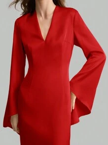 Ontre Women V-Neck Long Sleeve Irregularly Flared Sleeve Dress, Holiday Party Formal Outfit, Long Dress, Cardinal Red, Autumn/Spring - Red - View 4