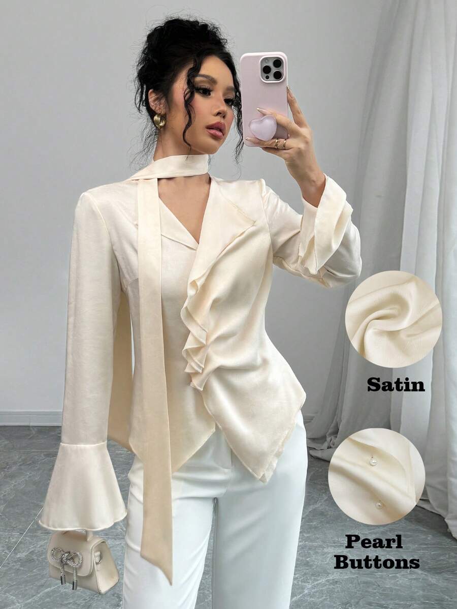 Elenzga Women's Elegant Solid Color Flared Sleeve Blouse
