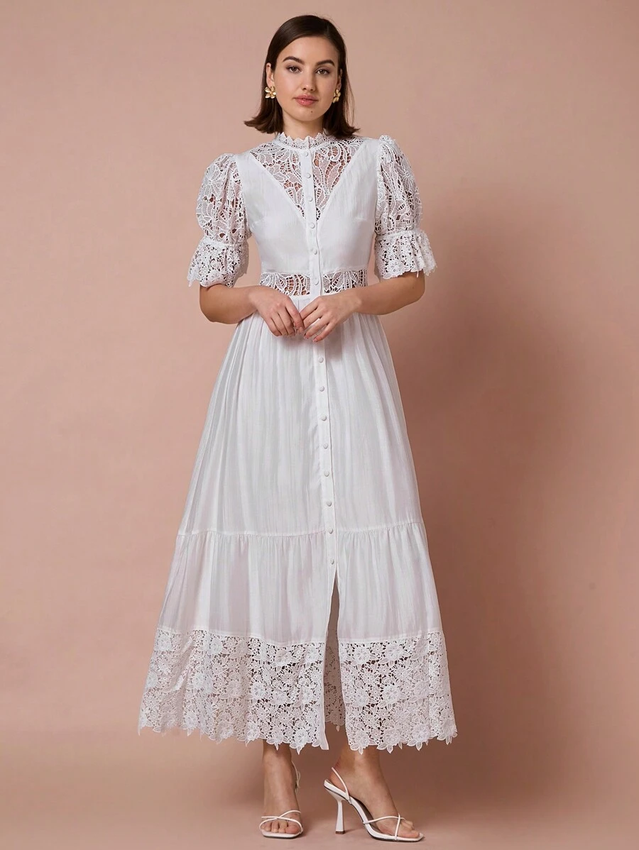 Enchnt Vestido elegante de manga curta com contraste de renda e botão único, romântico para primavera, para o Dia dos Namorados e jantares românticos, vestidos de festa, vestidos de férias