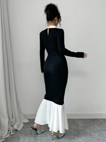 Selianne 女士纯色撞色领长袖修身连衣裙 - 黑與白 - 查看 2