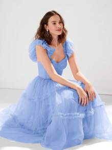 Enchnt 女士水钻领口网眼撞色简约优雅连衣裙