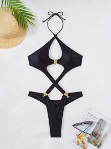 Swim SXY Đồ bơi một mảnh vải bóng màu trơn gợi cảm mùa hè mới có dây chéo thiết kế phụ kiện đặc biệt - màu đen - Xem 3